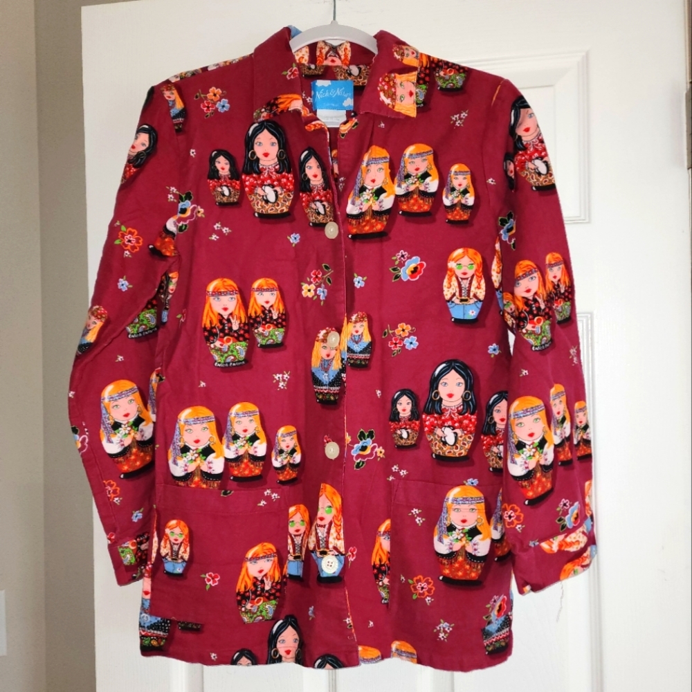 Nick & Nora Hippie Russian Nesting Doll Pajama Top Shirt Cotton Flannel Medium